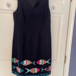 Talbots Navy Dress with Colorful Fish Embroidery